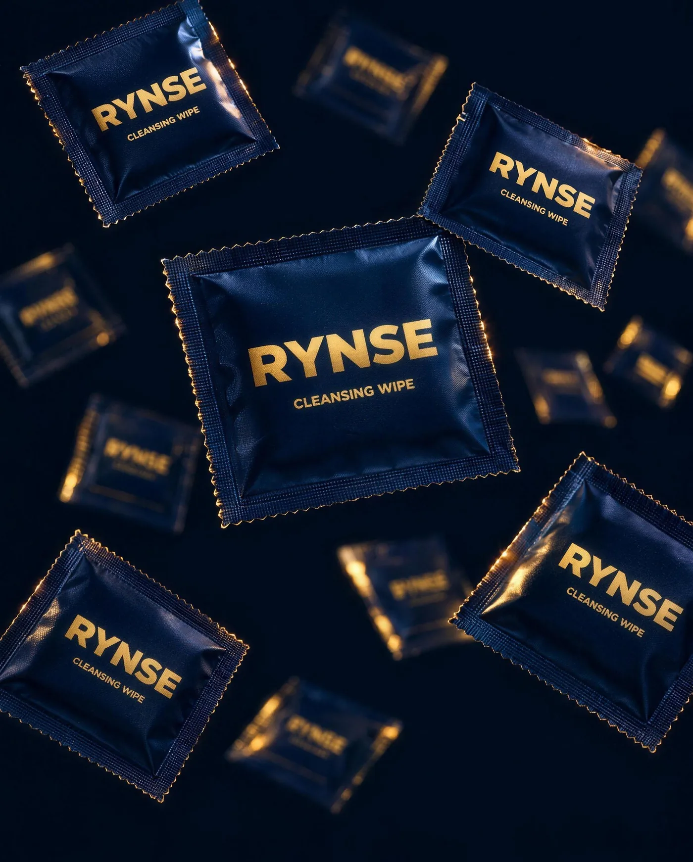 RYNSE navy cleansing wipe sachet with gold wordmark floating in a dark studio