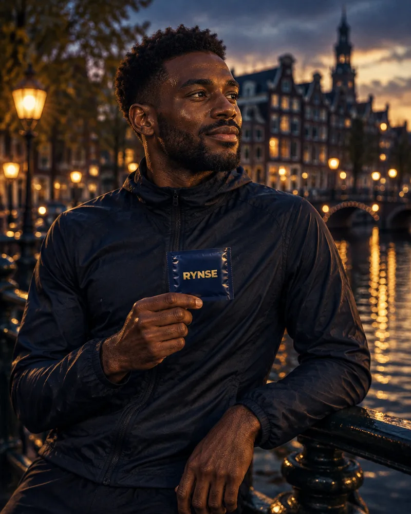 Man cooling down after a run on an Amsterdam canal bridge, holding a RYNSE sachet