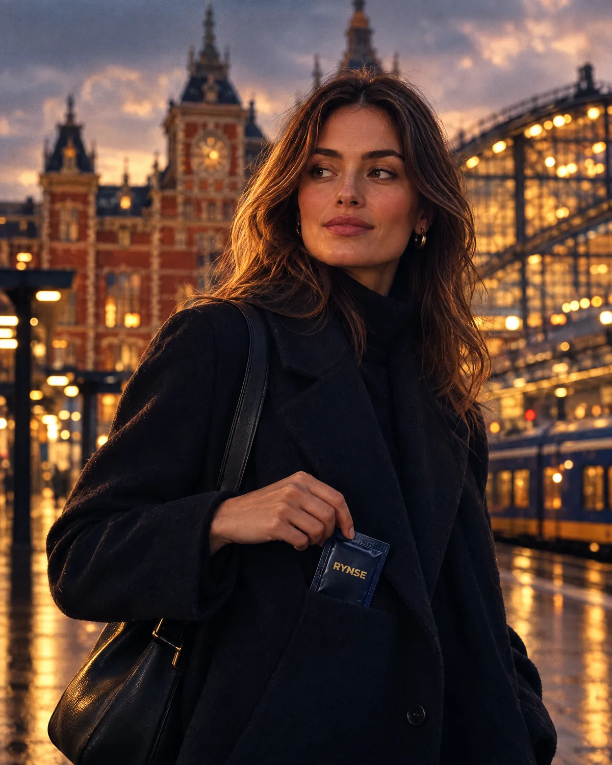 Woman at Amsterdam Centraal station taking a RYNSE sachet from her coat pocket