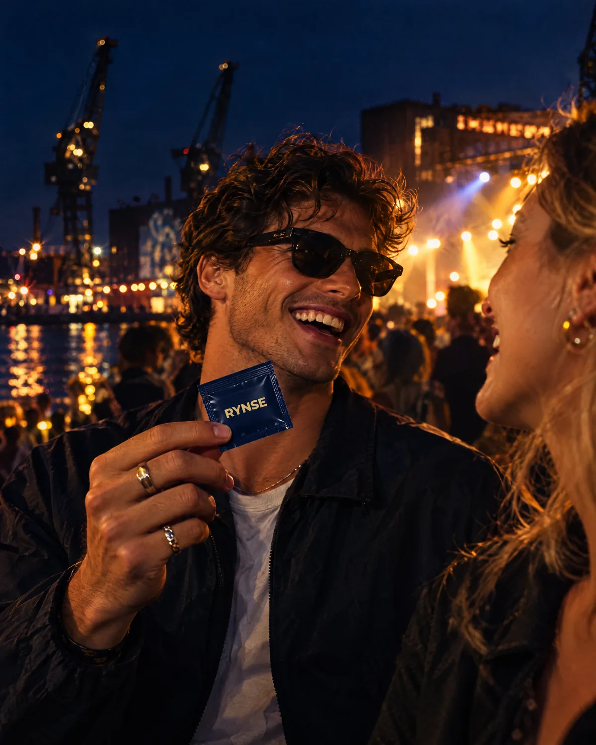 Friends at a night festival on the Amsterdam waterfront, one holding a RYNSE sachet