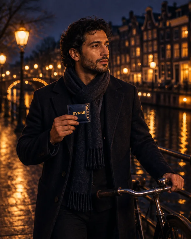 Man on a bicycle along an Amsterdam canal at night with a RYNSE sachet in hand