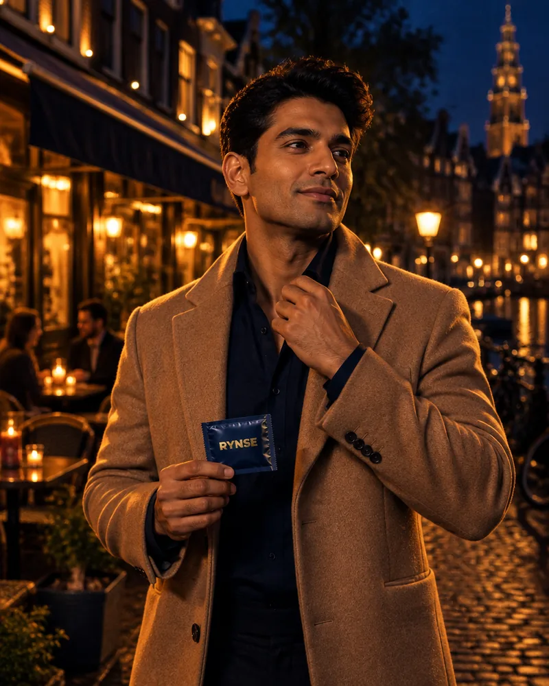 Man on a cobbled Jordaan street at night before a date, holding a RYNSE sachet