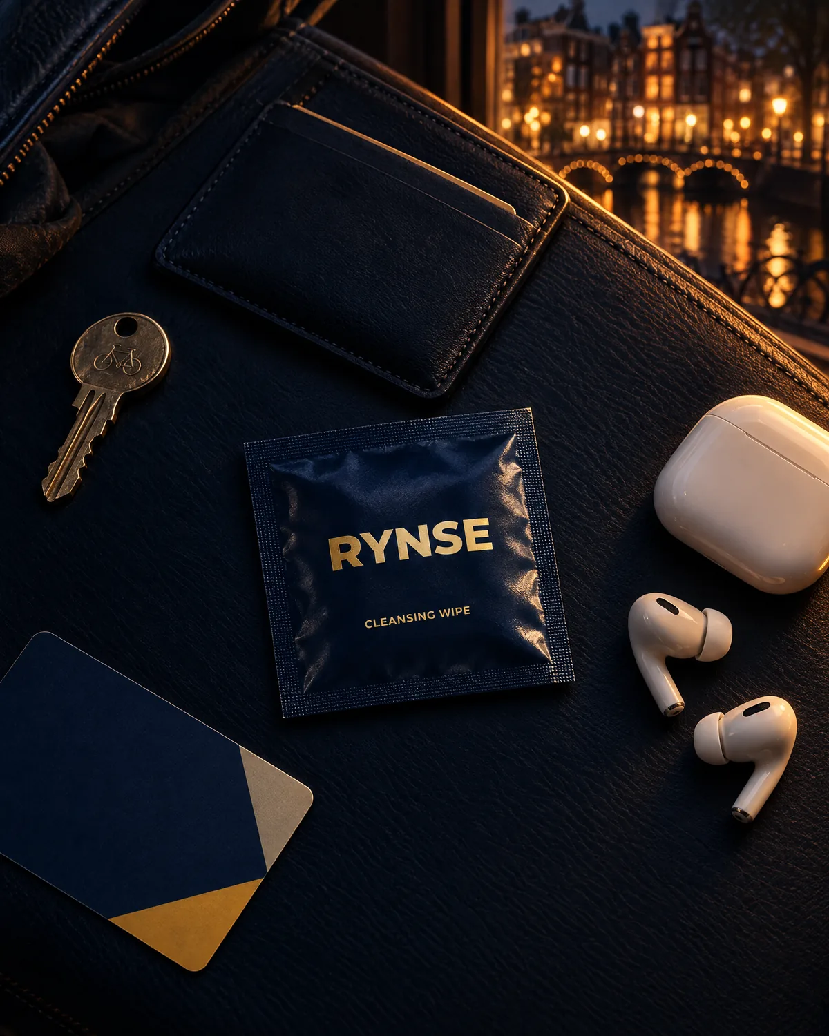 Flat lay of pocket essentials with a RYNSE sachet as the centrepiece
