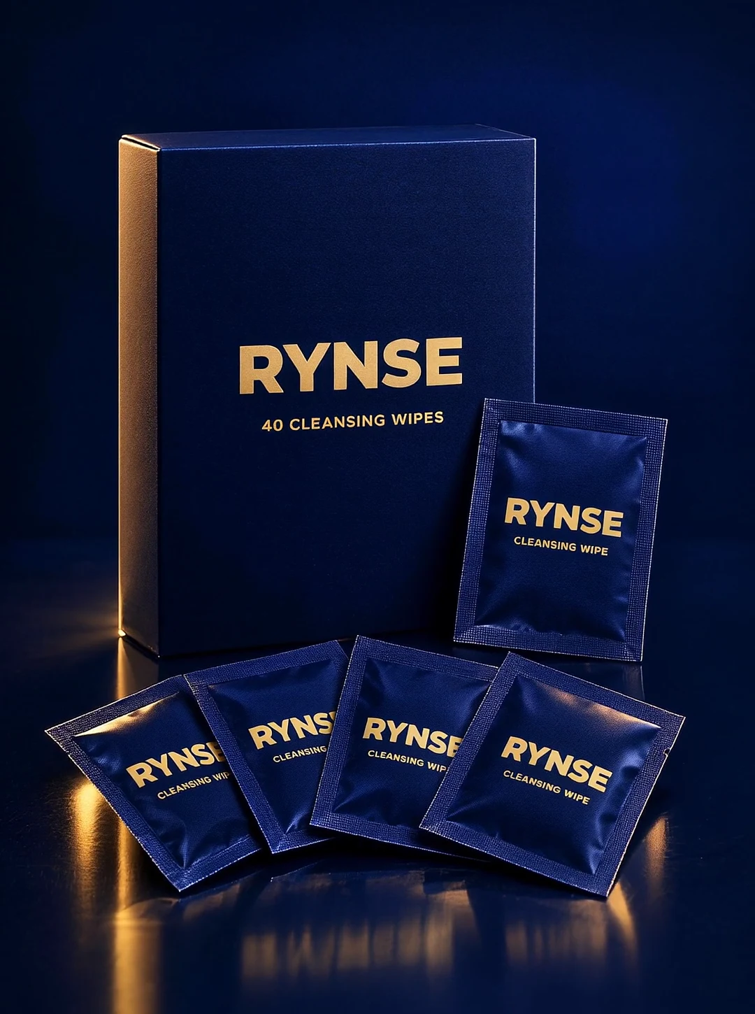 RYNSE box of 40 cleansing wipes with loose navy sachets